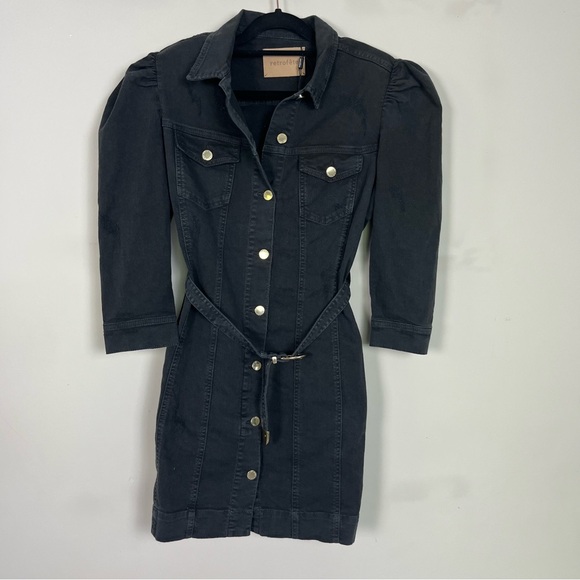 NWT RETROFETE LEMA DENIM BUTTON UP BELTED MINI DRESS SLEEVES SIZE XL IN BLACK - Picture 7 of 16